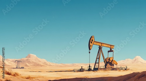 A single oil pump jack operating in a desert environment under a clear blue sky