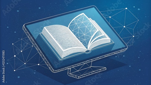 Digital Book on Screen Isometric Wireframe Illustration, eBook, Online Learning eLearning, digital literacy