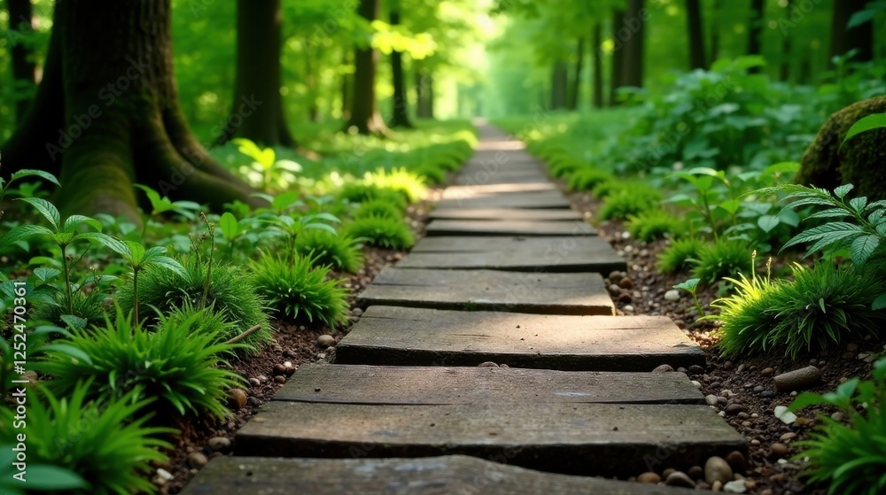 Wooden pathway through a sun-dappled forest, leading into the distance among lush green vegetation and vibrant plant life. Wooden pathway through a sun-dappled forest, leading into the distance among lush green vegetation and vibrant plant life.
