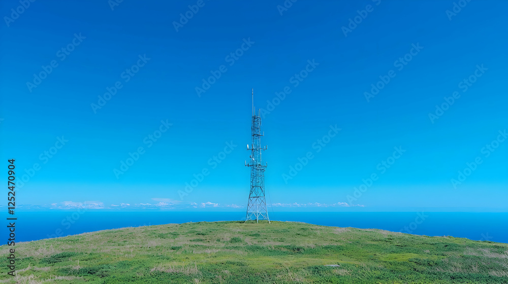 Fototapeta premium Tall telecommunication tower stands on a grassy green hill overlooking the blue ocean under a clear sunny sky.