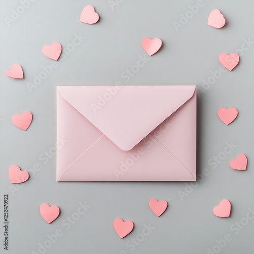 Romantic Pink Envelope Surrounded by Heart Shapes on Soft Gray Background for Valentine's Day and Love Themes