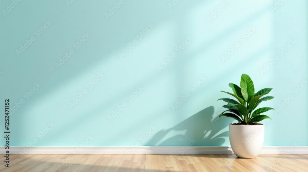 Serene Minimalist Interior Light Green Wall, Hardwood Floor, Potted Plant in Sunlight Serene Minimalist Interior Light Green Wall, Hardwood Floor, Potted Plant in Sunlight