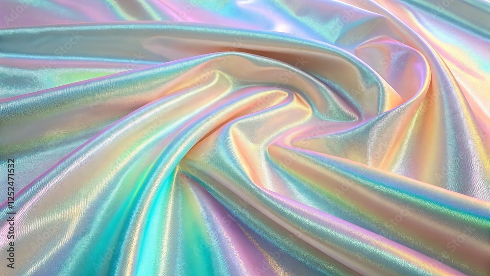 Fototapeta premium Iridescent Fabric Drape Pastel Rainbow Shimmer, Abstract Texture, Close-Up, Soft Focus, Silk Satin, Flowing, Elegant