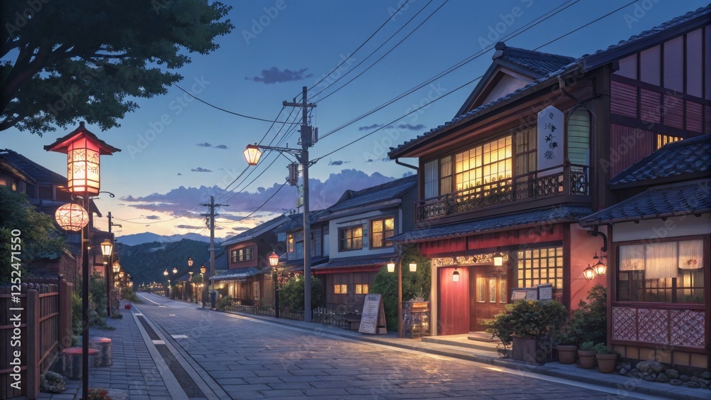Fototapeta premium Japanese Street at Dusk Anime Style Digital Painting, Cozy Town, Lantern Lit Road, Night Scene Japanese architecture, digital art