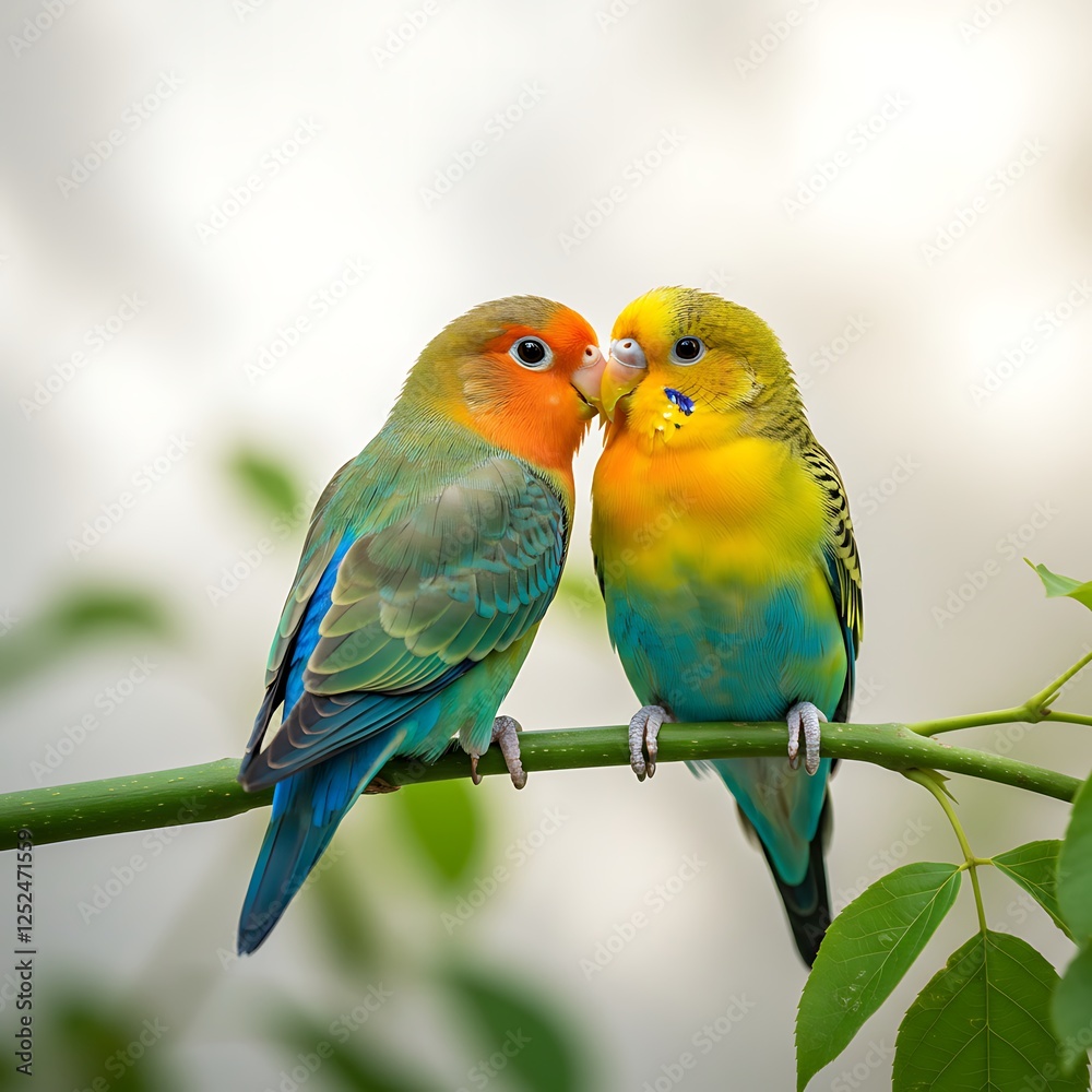 Obraz premium Two Colorful Lovebirds Perched on Branch in Tender Moment Together