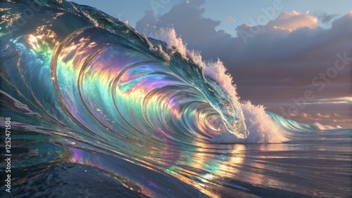 Iridescent Ocean Wave Sunrise Barrel Composition, Teal and Rainbow Hues, Water Photography, Ocean Art ocean photography, wave art