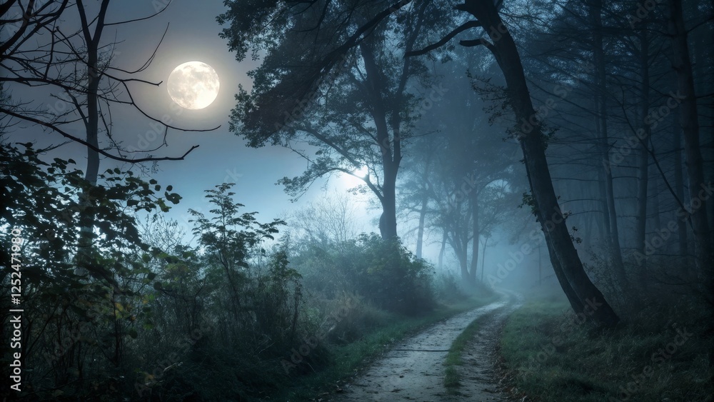 Naklejka premium Moonlit Forest Path Misty Night Scene, Full Moon Composition, Landscape Photography Forest, Moonlight