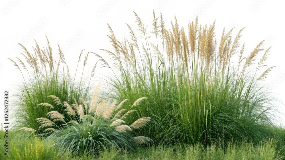 Fototapeta premium Ornamental Grass Composition Lush Green and Beige Pampas Grass, White Background, Nature Scene, Botanical Photography Ornamental grass, pampas grass, botanical photography