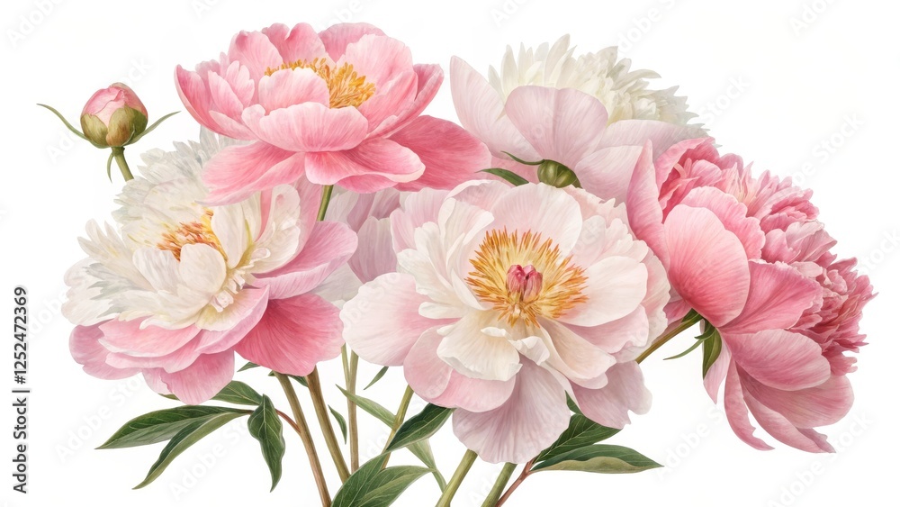 Obraz premium Pink and White Peonies Botanical Watercolor Painting,Floral Composition,Close-up,Soft Hues Peonies,Watercolor
