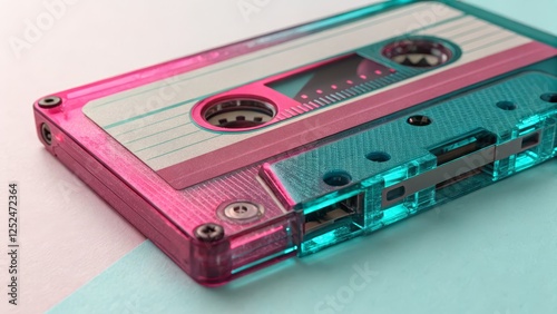 Pink and Teal Cassette Tape Close-Up Retro 80s Music Concept, Cassette, Vintage Retro music, 80s aesthetic