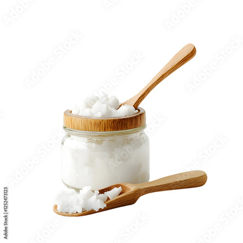 Glass Jar of Homemade Coconut Oil with a Wooden Spoon