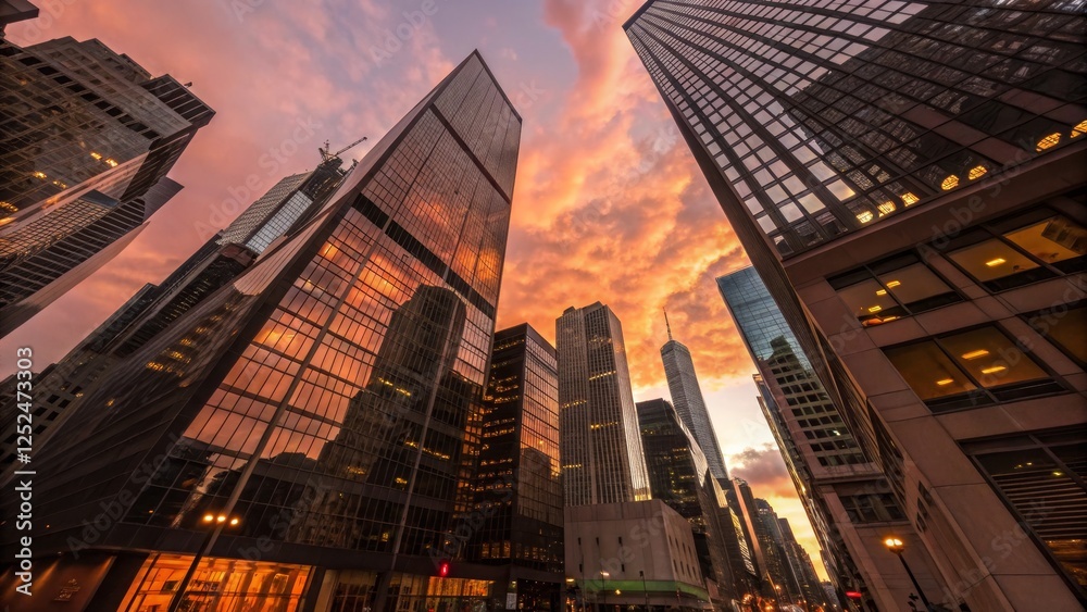 Sunset Cityscape Low Angle Skyscrapers Reflection, Architecture, Urban, City, Twilight Cityscape photography, Urban architecture