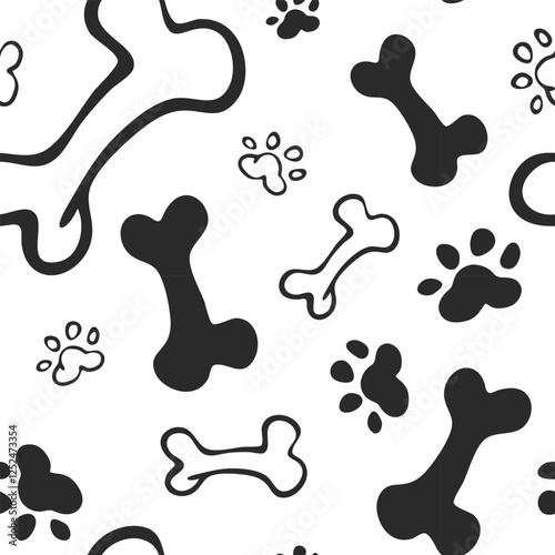 Dog bone and paw pattern.Dog bones; seamless vector pattern background. Fun hand-drawn doodle scattered canine backdrop with bones. Print for textiles animal repeat doggie and cat and pet products. 