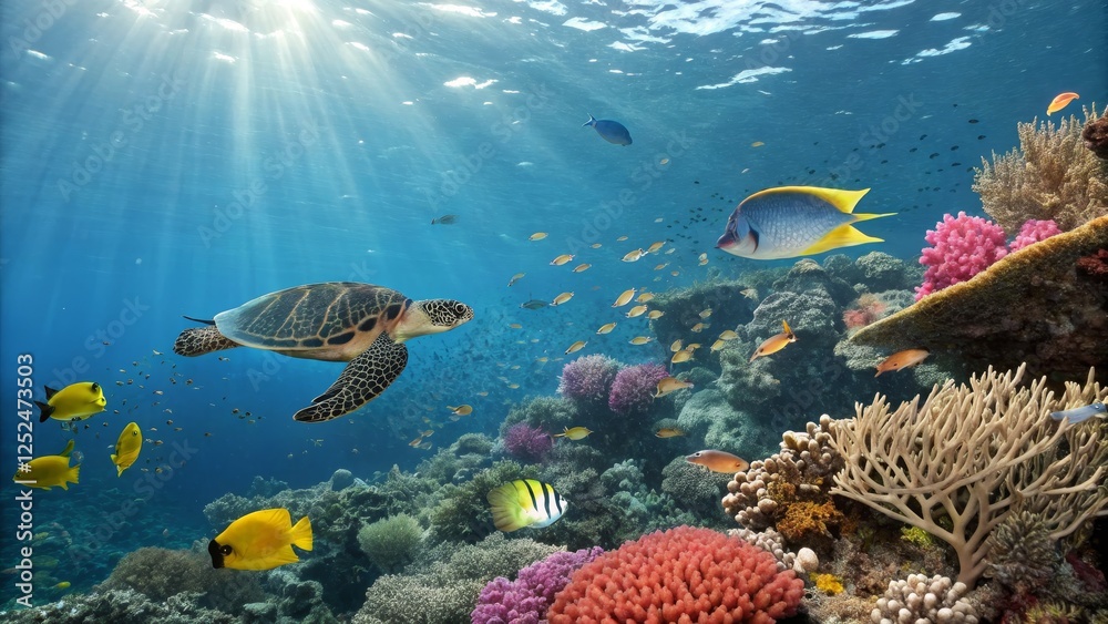 Naklejka premium Underwater Coral Reef Scene Hawksbill Sea Turtle, Colorful Fish, Sunbeams, Vibrant Coral, Ocean Life. Marine Life, Underwater Photography