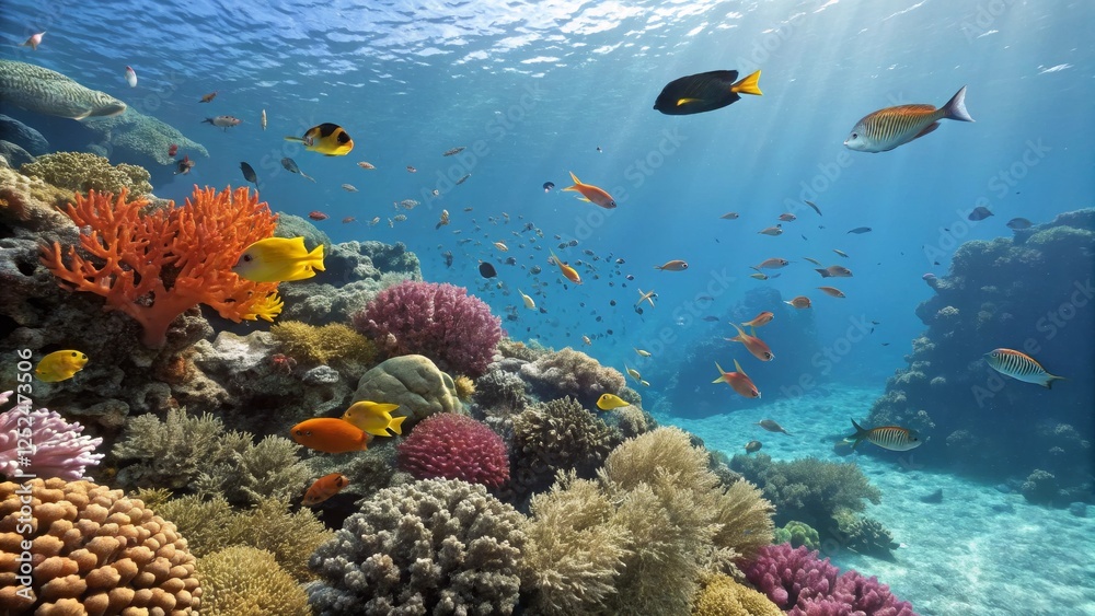 Fototapeta premium Vibrant Coral Reef Ecosystem Diverse Fish and Colorful Corals, Underwater Scene, Sunlit, Wide Shot, Marine Life Coral Reef, Underwater Photography