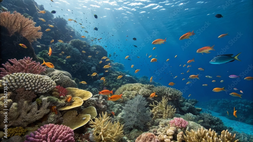 Naklejka premium Vibrant Coral Reef Seascape Underwater Composition with Diverse Fish and Coral, Ocean Life, Marine Ecosystem Coral Reef, Underwater Photography