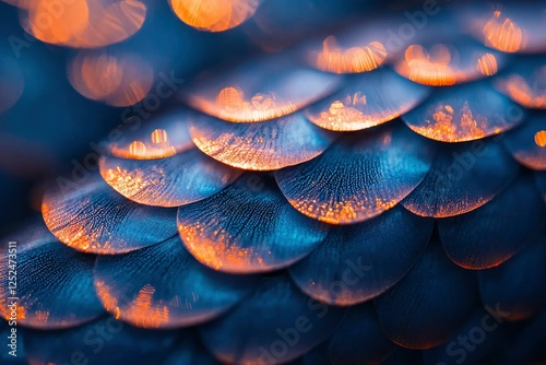 Scales close-up reflecting golden light for texture, pattern, fantasy or nature uses photo