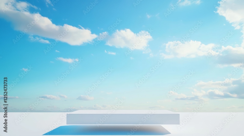 Fototapeta premium Smooth White Polymer Stand Against Bright Blue Sky with Clouds