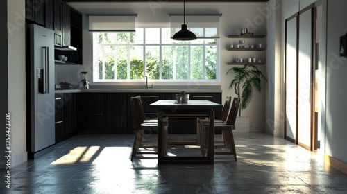 Modern kitchen dining area sunlight