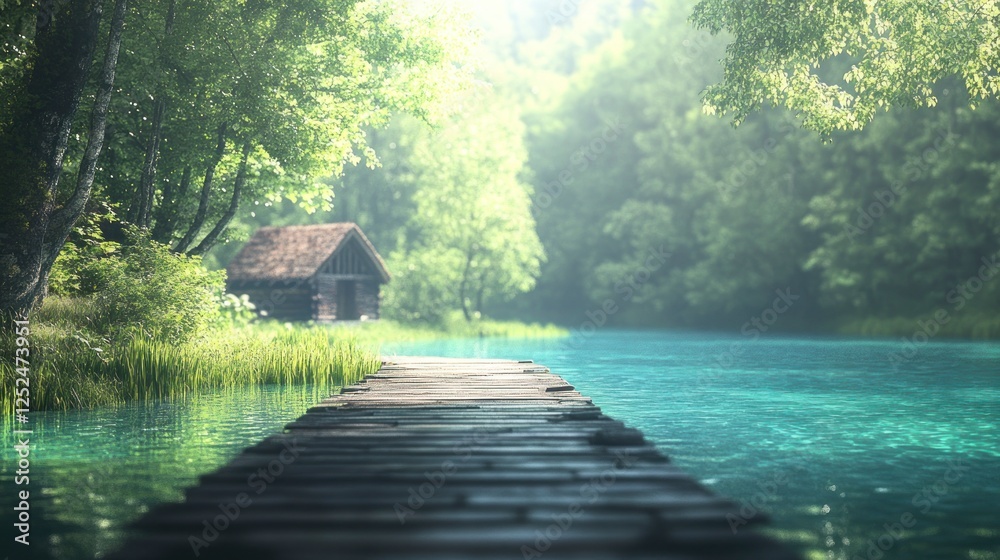Fototapeta premium Secluded wooden cabin by a tranquil lake.