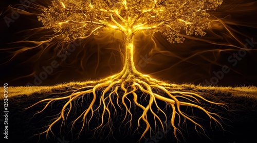 Illuminated Golden Tree with Glowing Roots and Branches on a Dark Background