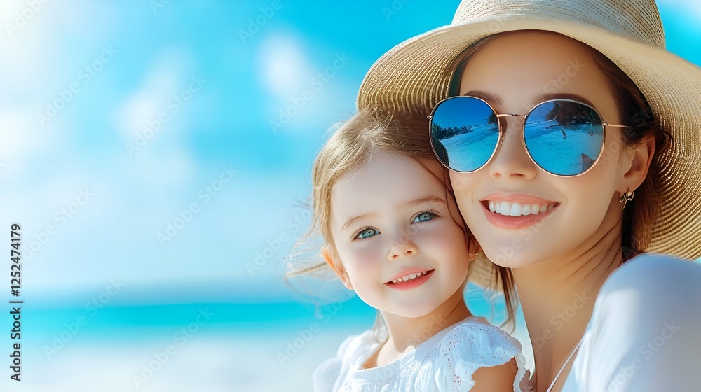 Young woman in a white dress on the beach with family enjoying a romantic summer vacation by the ocean Young woman in a white dress on the beach with family enjoying a romantic summer vacation by the ocean