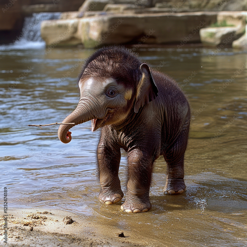 Fototapeta premium Baby elephant plays with stick at water's edge in zoo habitat