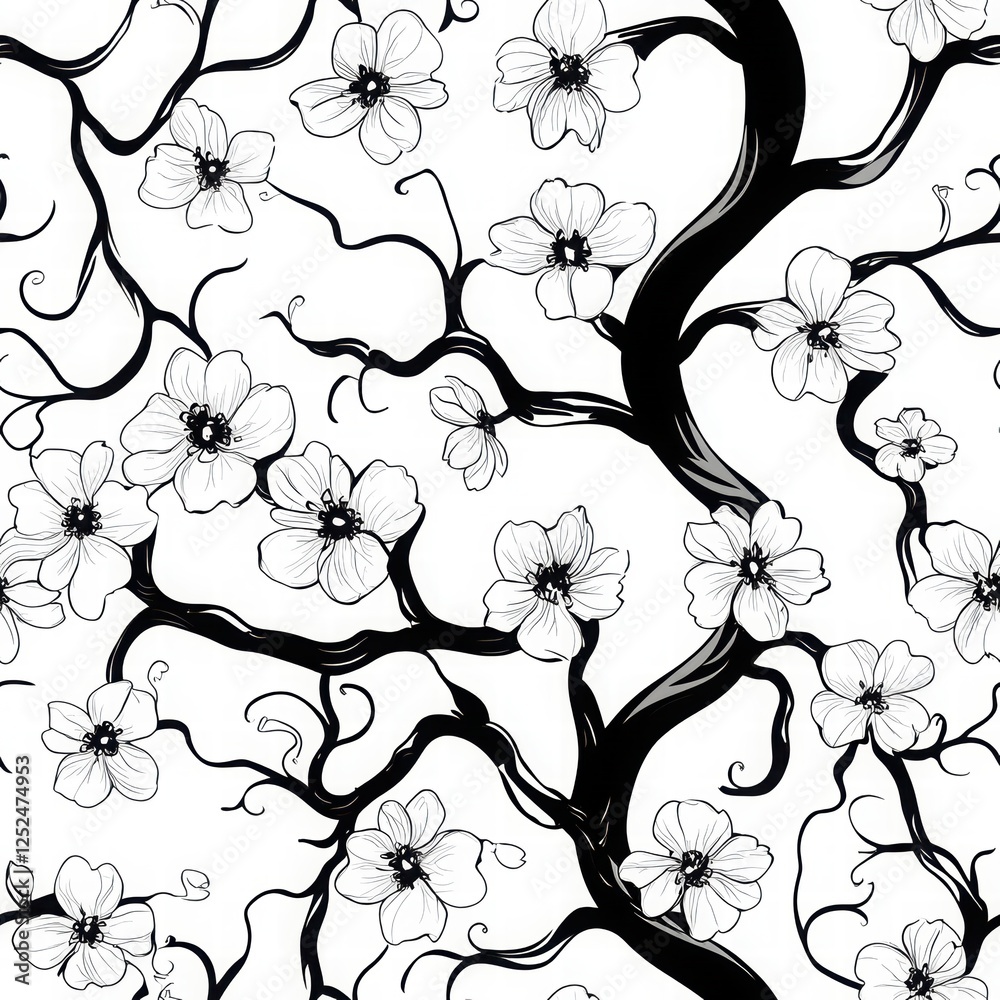 Fototapeta premium Intricate Black and White Floral Pattern Featuring Blossoming Flowers and Twisting Branches