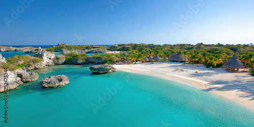 A stunning beach scene featuring turquoise waters, white sand, and lush greenery under a clear blue sky, perfect for a tropical getaway.