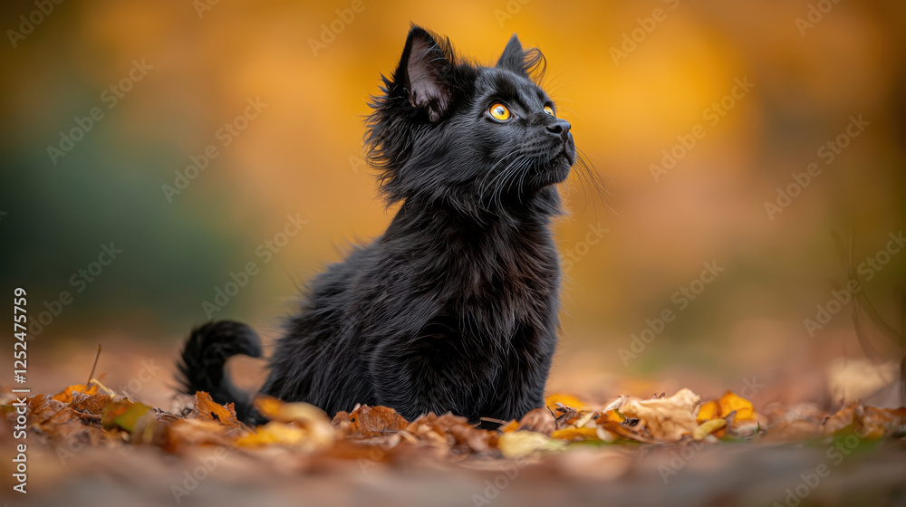 A black cat gazes curiously amidst colorful autumn leaves, showcasing its striking features against a blurred natural backdrop. A black cat gazes curiously amidst colorful autumn leaves, showcasing its striking features against a blurred natural backdrop.