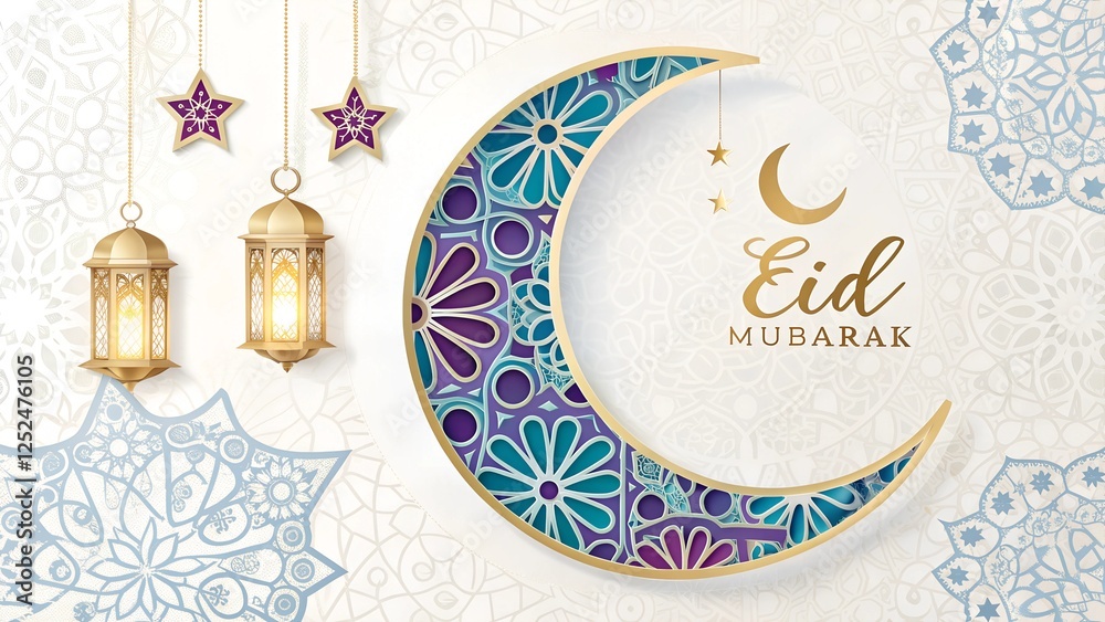 Naklejka premium Elegant Eid Mubarak Crescent Moon with Lanterns and Islamic Patterns