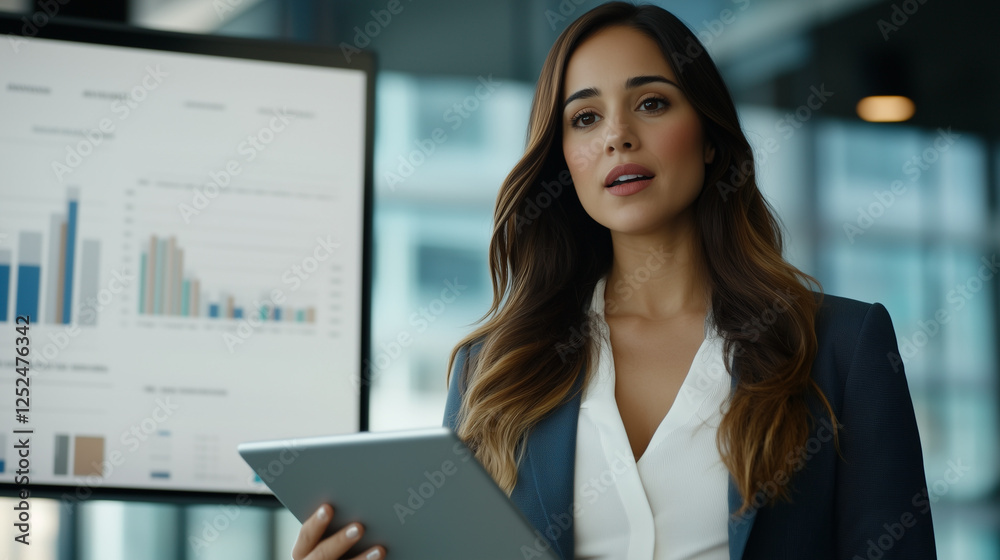 Mujer de cabello largo presentando con una tableta, profesional, inteligente, moderna. Toma a media distancia, tableta, empresa Mujer de cabello largo presentando con una tableta, profesional, inteligente, moderna. Toma a media distancia, tableta, empresa