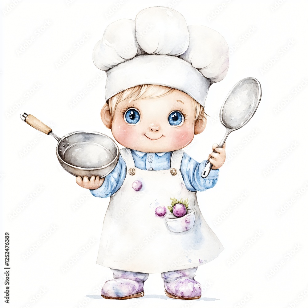 Adorable Toddler Chef in Hat Holding Cooking Utensils Watercolor Illustration Adorable Toddler Chef in Hat Holding Cooking Utensils Watercolor Illustration