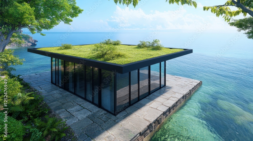 Obraz premium Modern glass house with green roof by calm blue water and lush greenery in serene natural landscape