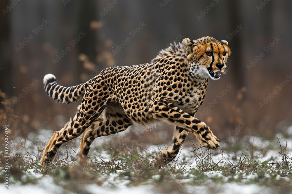 Fototapeta premium Cheetah running in snowy forest