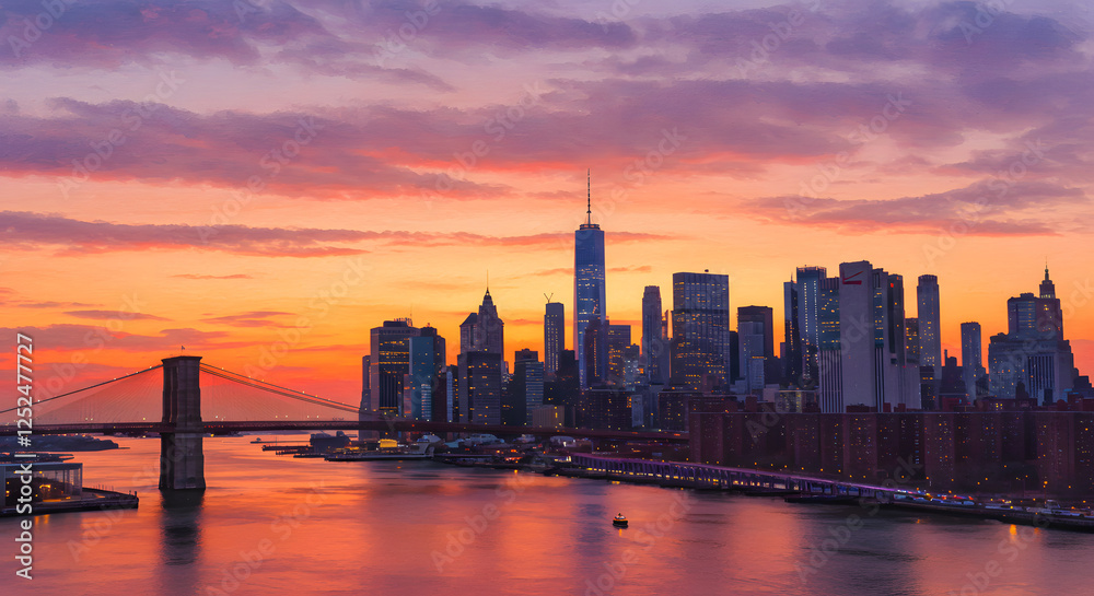 Fototapeta premium New York City Skyline at Sunset with Brooklyn Bridge View