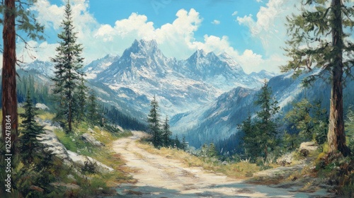 Painted mountain trail, Serene path through towering peaks and verdant woods photo