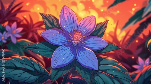A vibrant, stylized flower amidst lush greenery, set against a warm, glowing background.