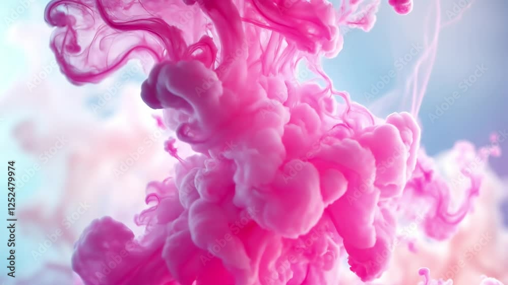 Pink ink cloud explosion in water on white and blue background