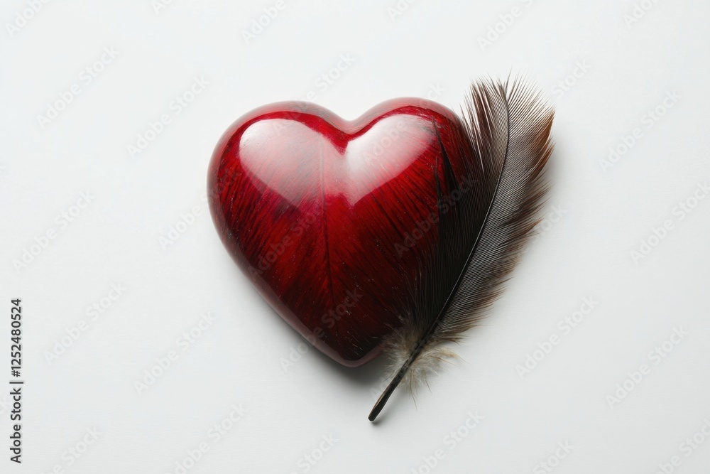 A red heart object resting against a brown feather A red heart object resting against a brown feather
