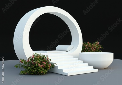 Minimalist Circular Architectural Structure with Steps and Lush Greenery in an Outdoor Setting photo