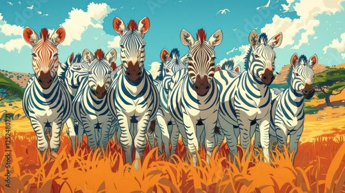 A group of zebras standing together in a vibrant, colorful landscape.
