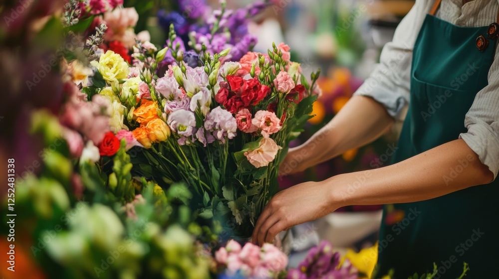 A close-up view of a florist arranging vibrant bouquets in a flower shop filled with colorful blooms, Flower shop scene, Artistic and vibrant style A close-up view of a florist arranging vibrant bouquets in a flower shop filled with colorful blooms, Flower shop scene, Artistic and vibrant style