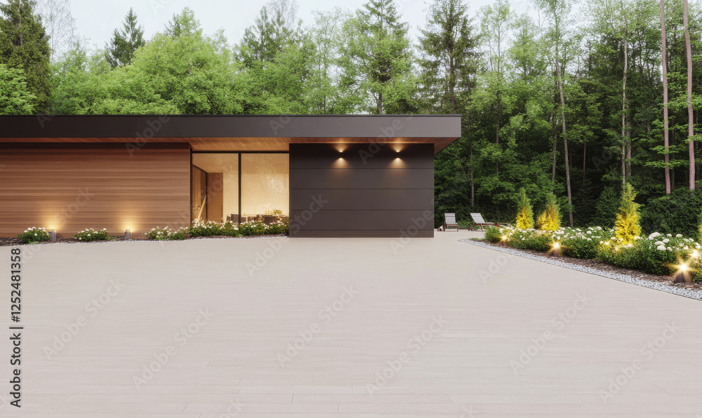 Modern home design surrounded by lush greenery in a tranquil forest setting Modern home design surrounded by lush greenery in a tranquil forest setting