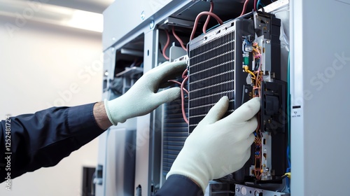 Technician repairs refrigeration equipment.