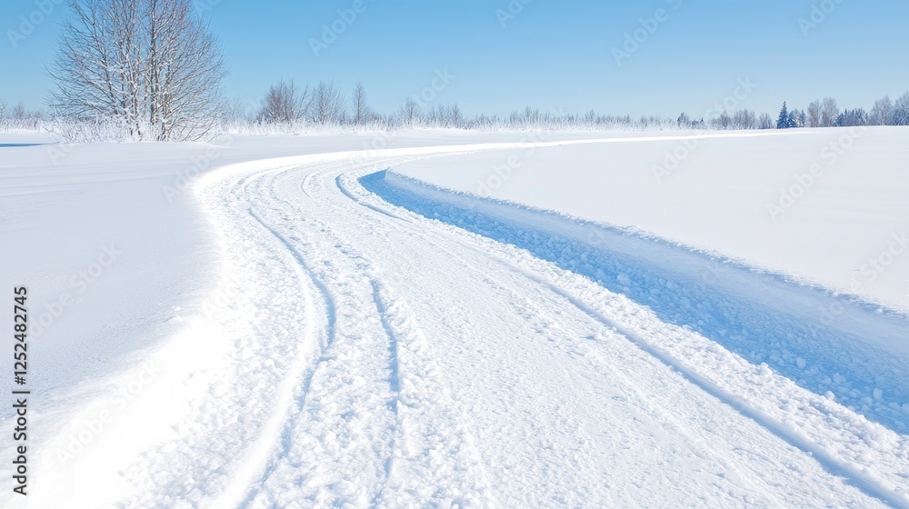 Snowy winter trail through a field.  Possible use  Stock photo for winter sports, nature, travel, or outdoor activities