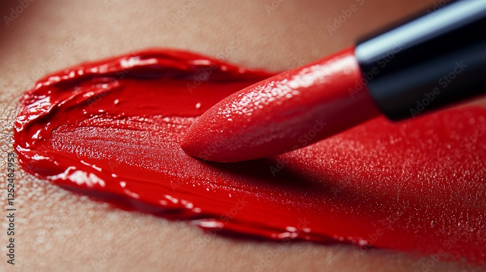Obraz premium Closeup of Red Lipstick Application on Skin, Sensual Makeup Texture, Beauty Product Detail Shot