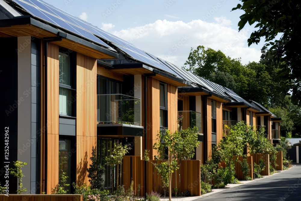 Modern row houses with solar panels in a lush, green neighborhood for real estate Modern row houses with solar panels in a lush, green neighborhood for real estate