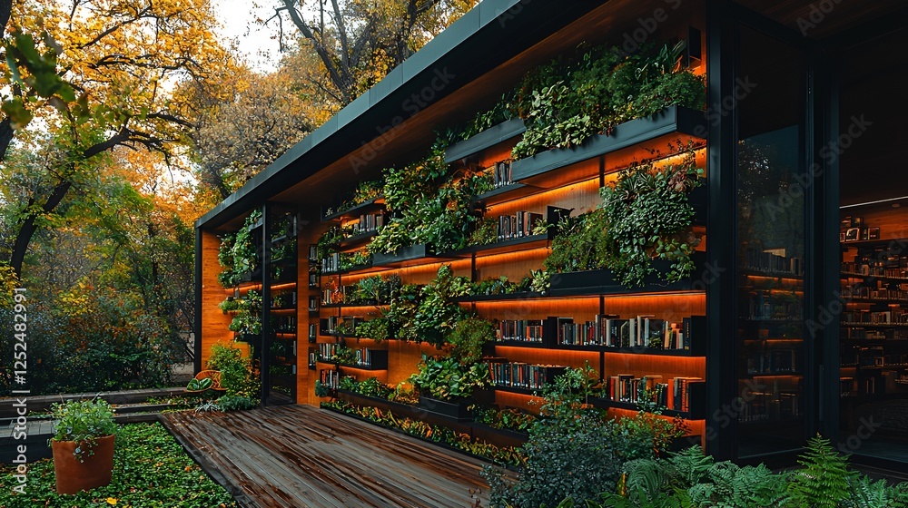 Fototapeta premium Autumnal park library, bookshelves, plants, wooden deck, fall foliage