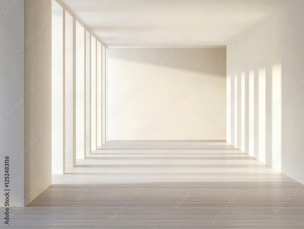 Contemporary interior space with sunlight casting shadow patterns on the floor Contemporary interior space with sunlight casting shadow patterns on the floor